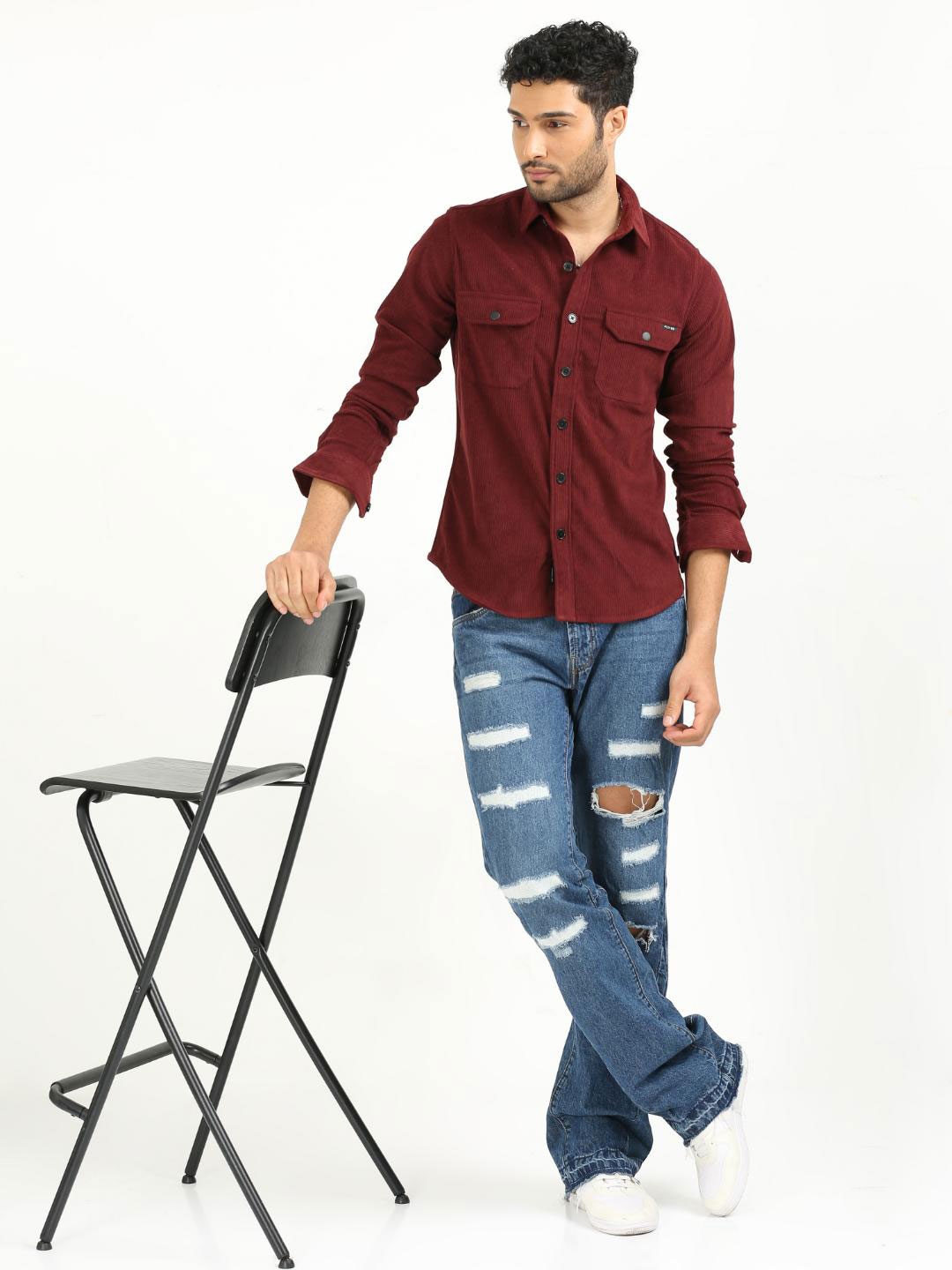 

FLY 69 Spread Collar Premium Slim Fit Casual Corduroy Shirt, Maroon