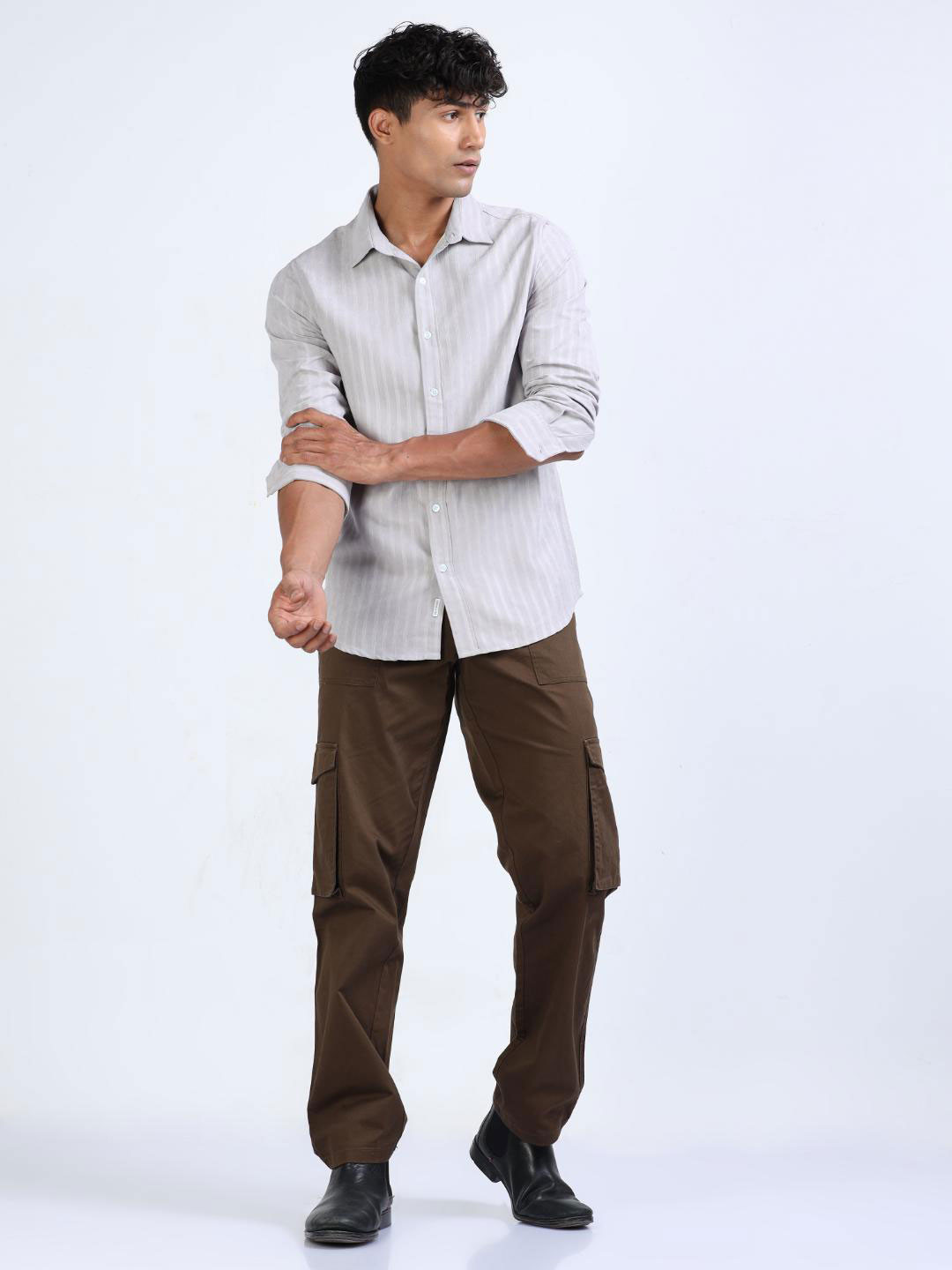 

FLY 69 Premium Slim Fit Vertical Striped Spread Collar Casual Shirt, White