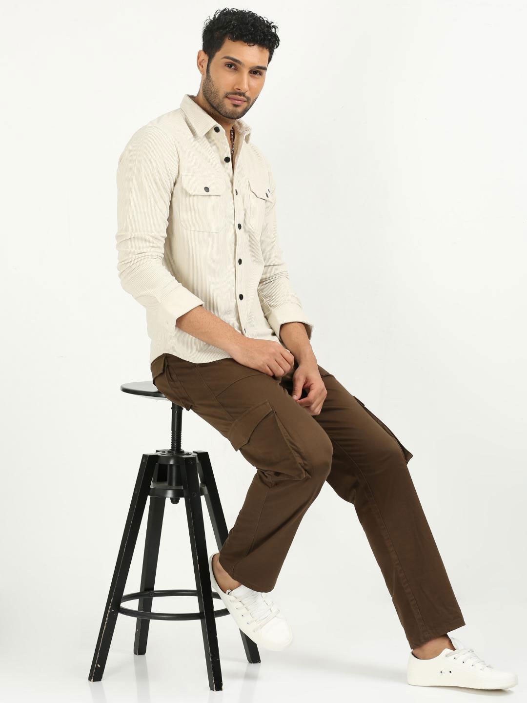 

FLY 69 Premium Slim Fit Spread Collar Cotton Corduroy Casual Shirt, Off white