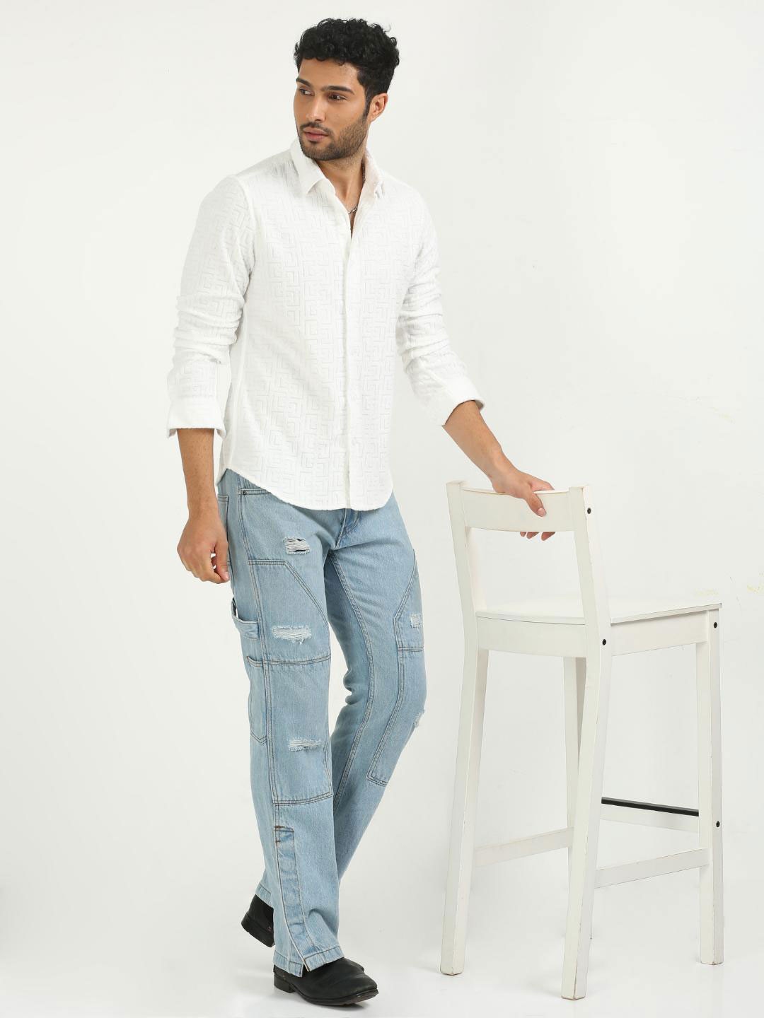

FLY 69 Premium Slim Fit Textured Self Design Casual Shirt, White
