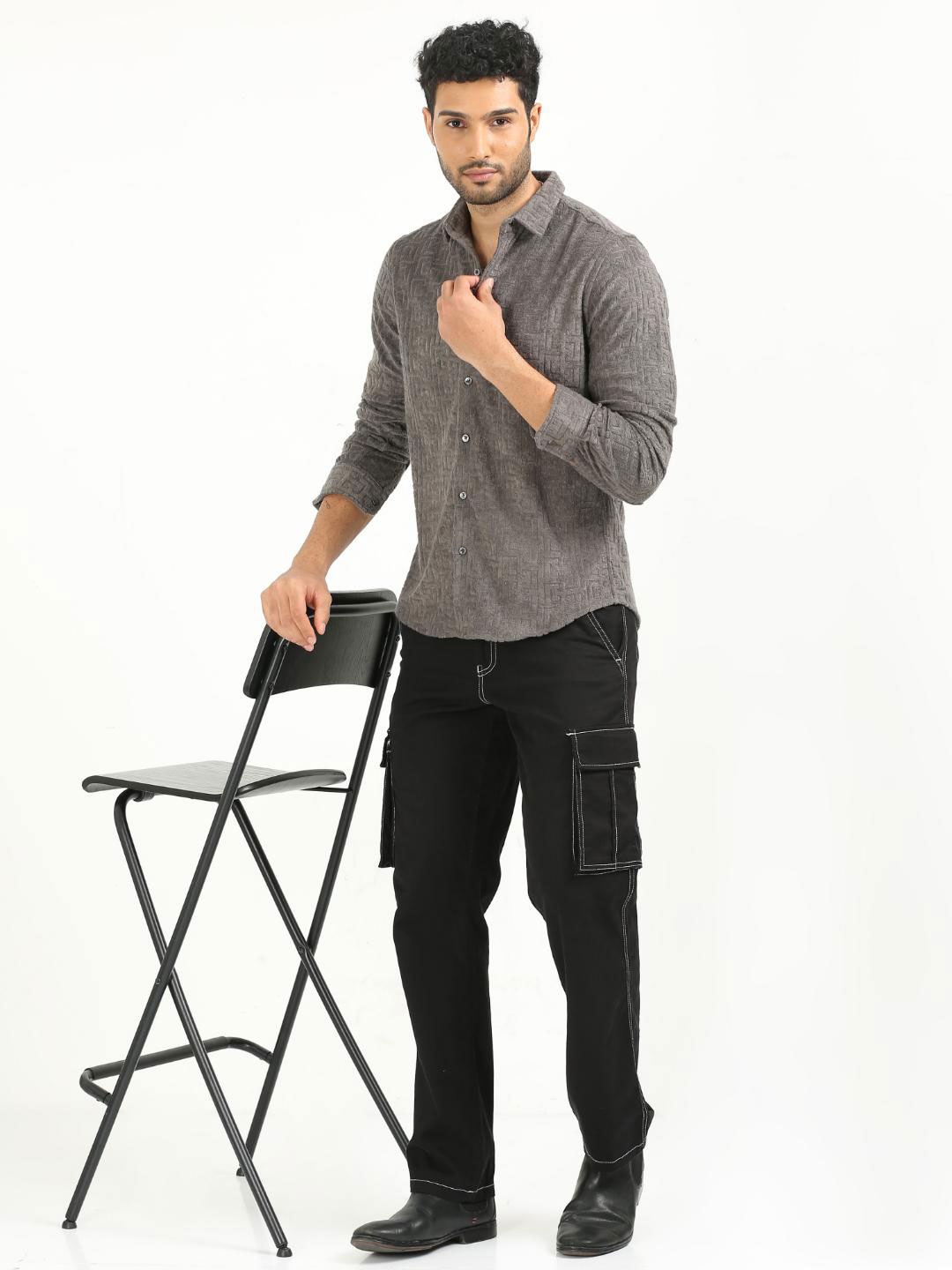 

FLY 69 Premium Slim Fit Textured Self Design Casual Shirt, Grey