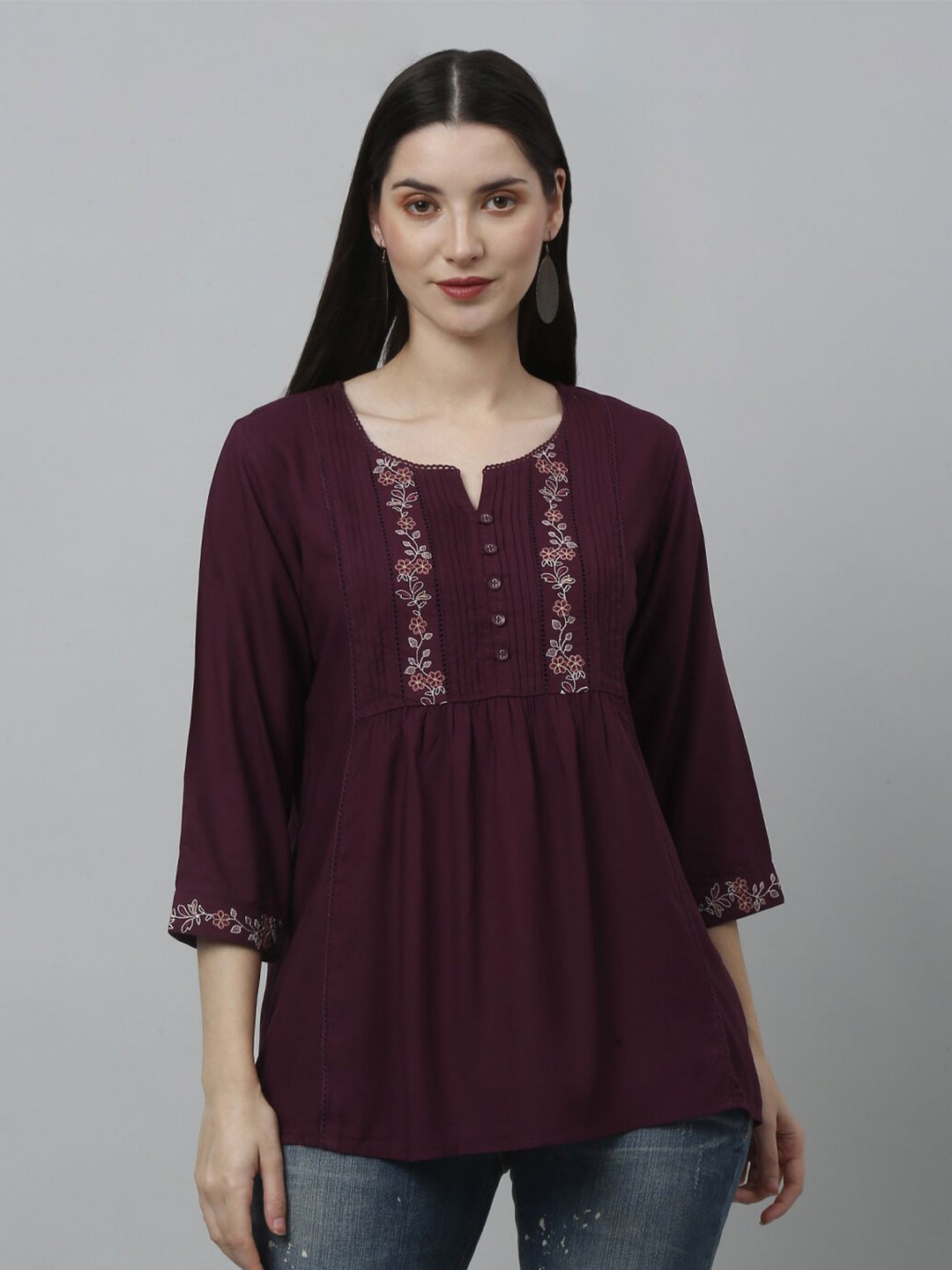 

GRACIT Floral Embroidered Round Neck Thread Work A-Line Kurti, Burgundy