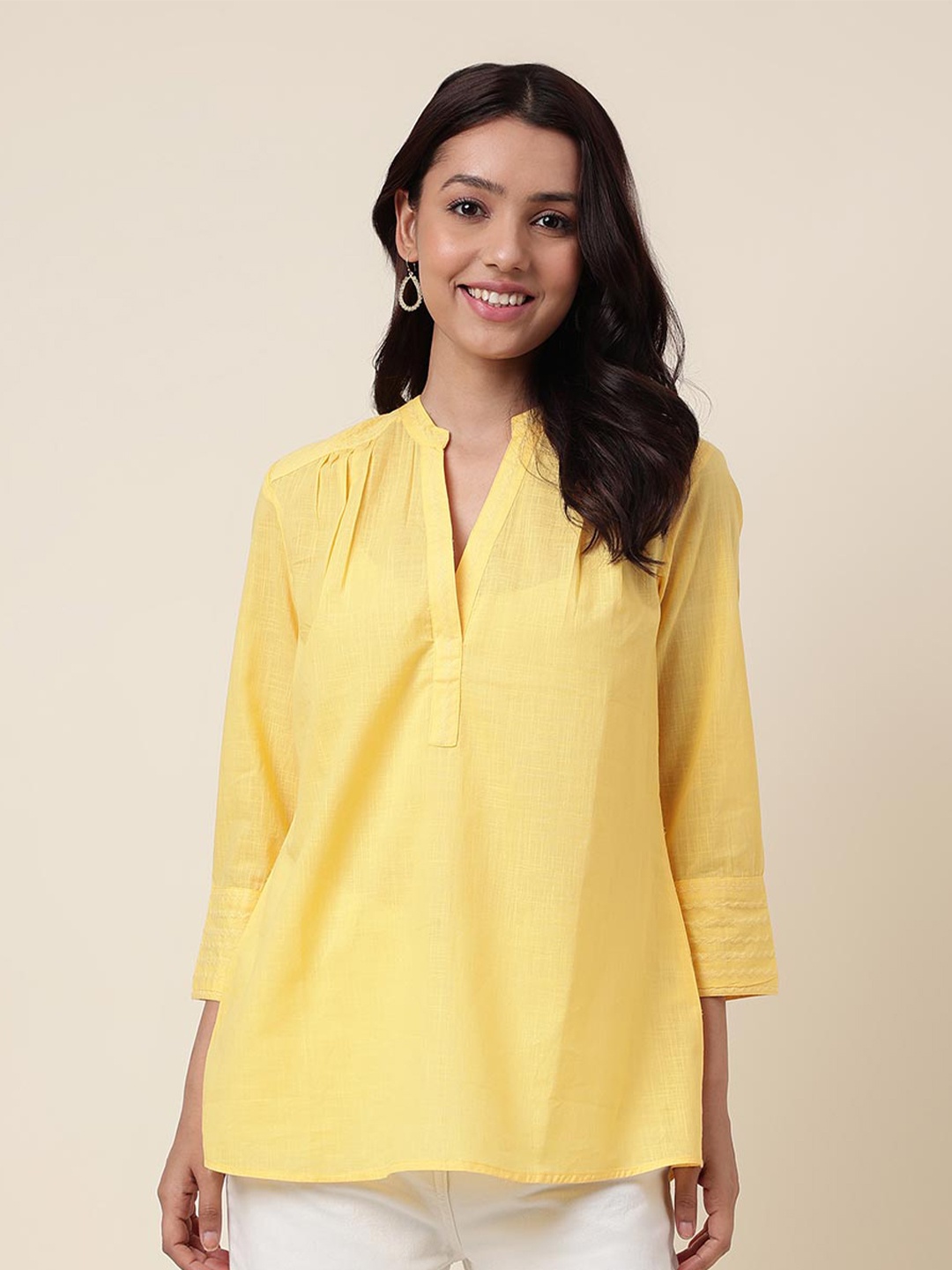 

Fabindia Mandarin Collar Cotton Tunic, Yellow