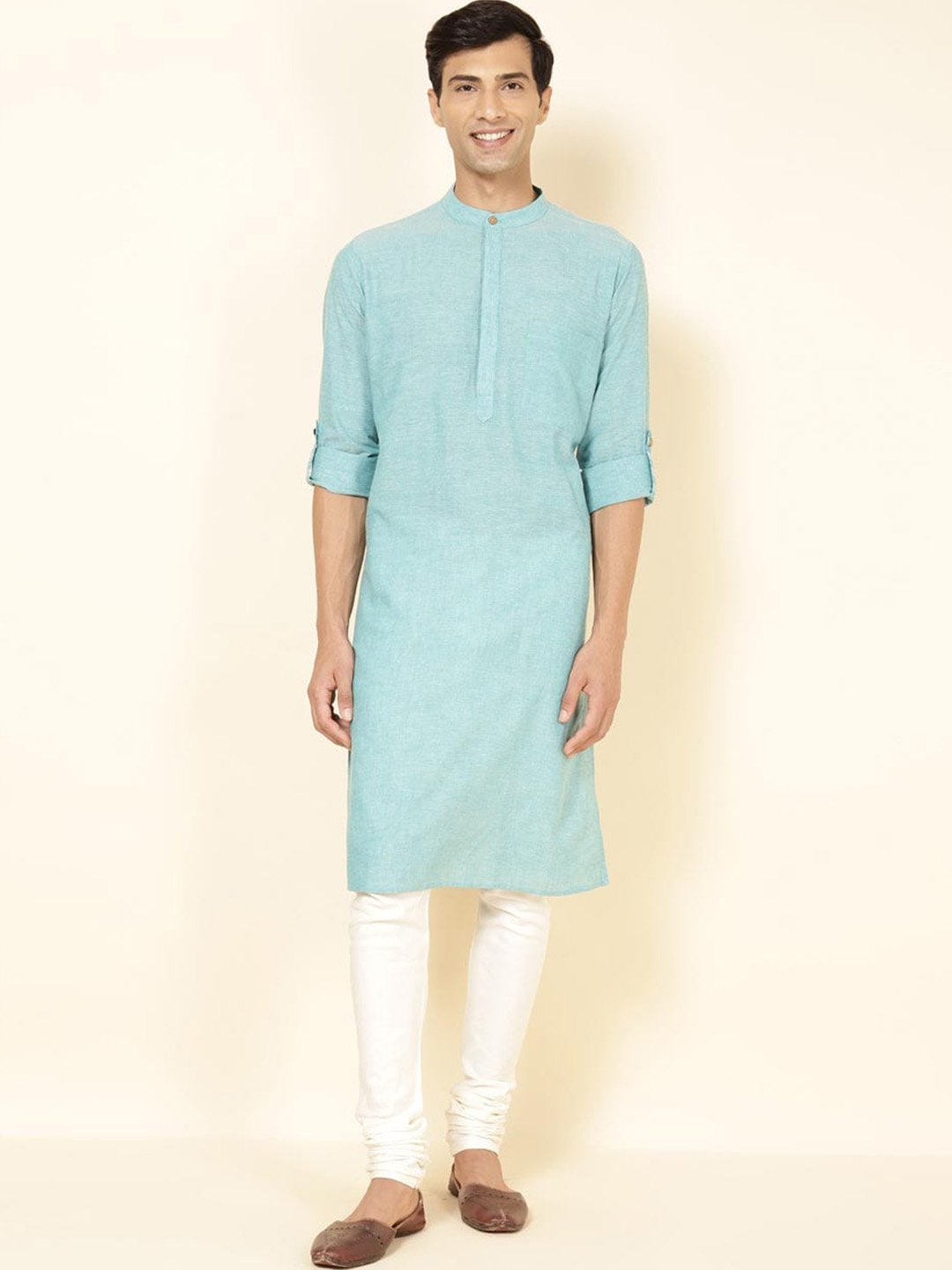 

Fabindia Mandarin Collar Long Sleeves Pure Cotton Kurta with Churidar & Nehru jacket, Teal