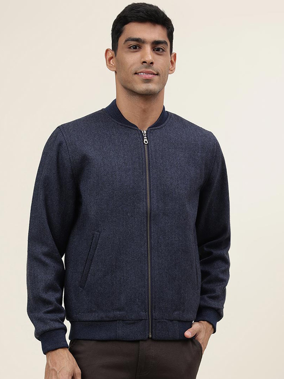 

Fabindia Mock Collar Woollen Bomber Jacket, Blue