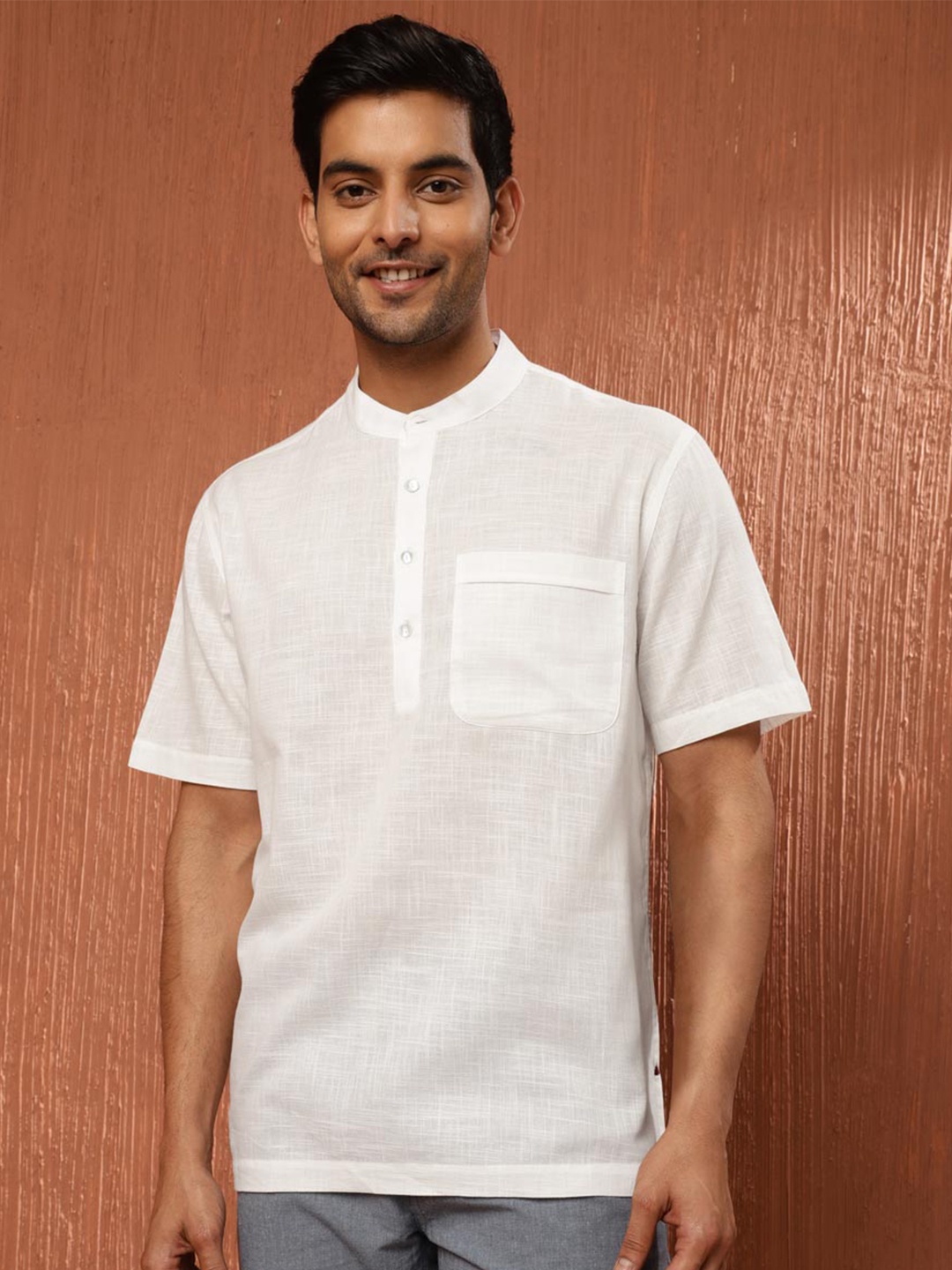 

Fabindia Band Collar Cotton Slim Fit Casual Shirt, White