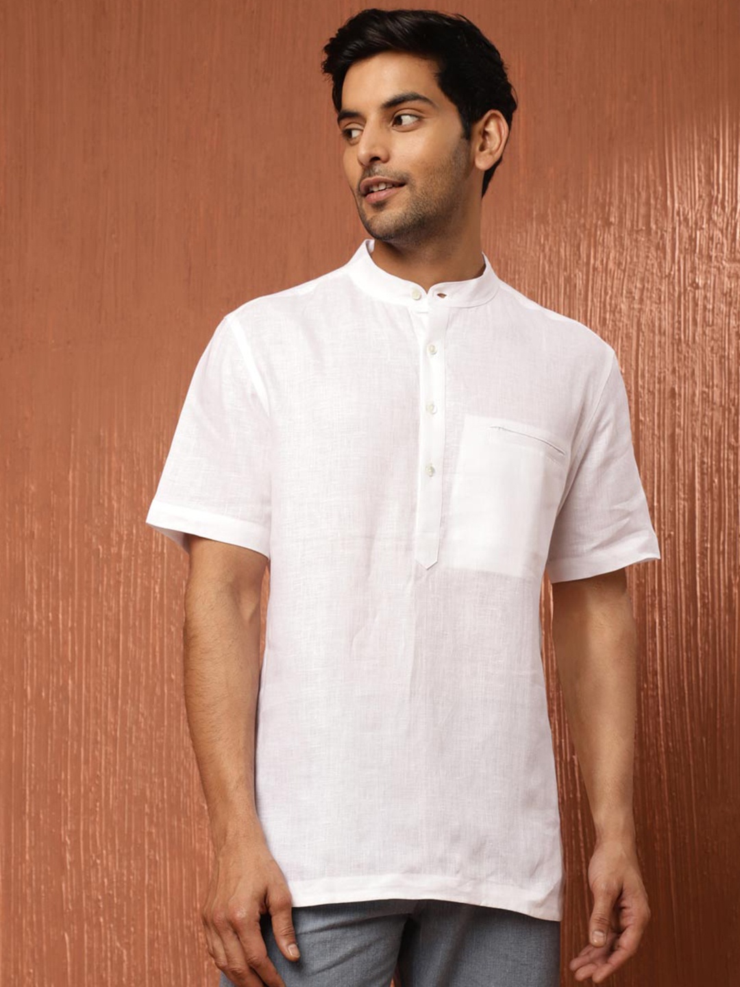 

Fabindia Band Collar Slim Fit Casual Linen Shirt, White