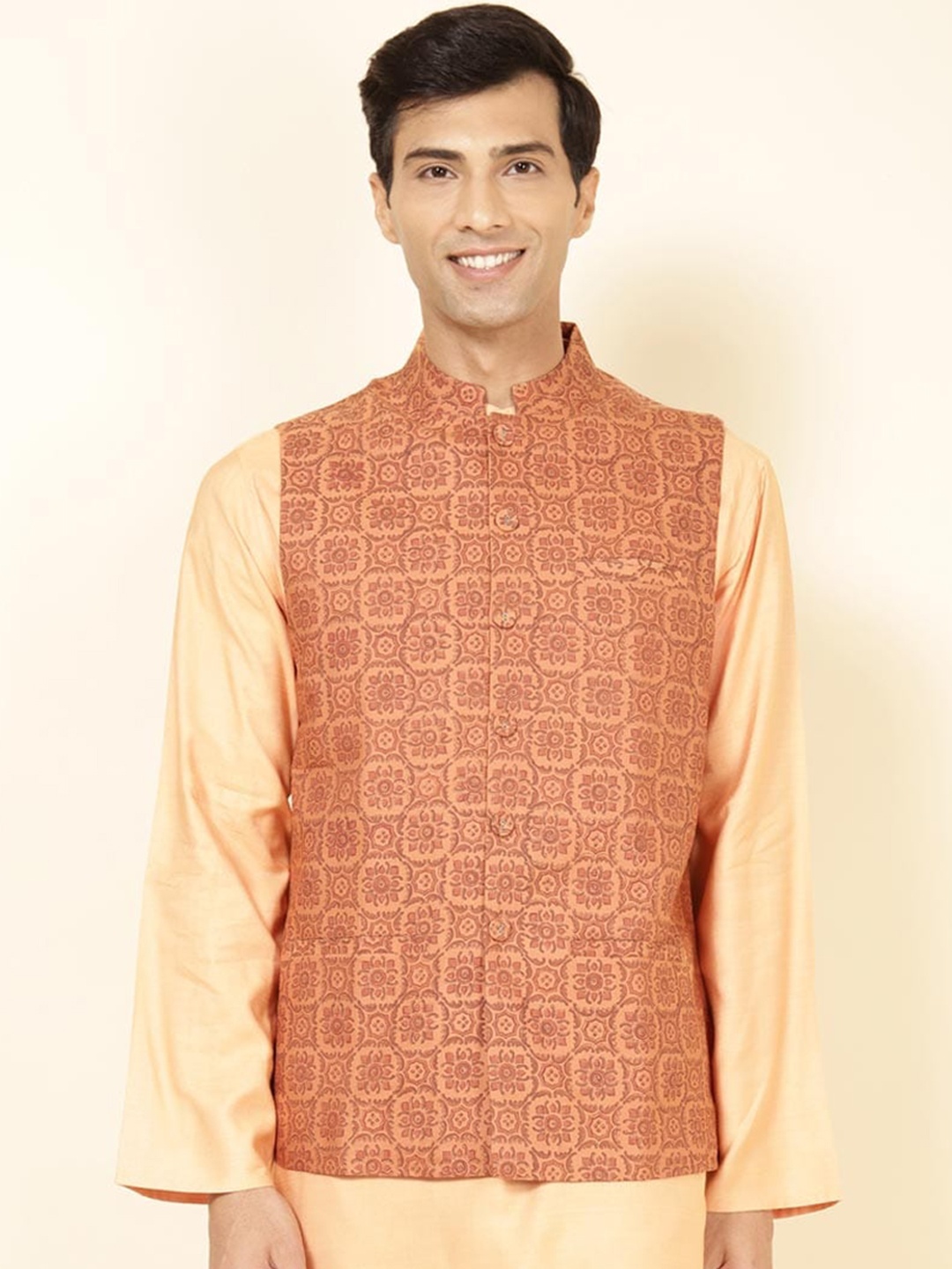 

Fabindia Ethnic Motifs Printed Mandarin Collar Nehru Jackets, Rust