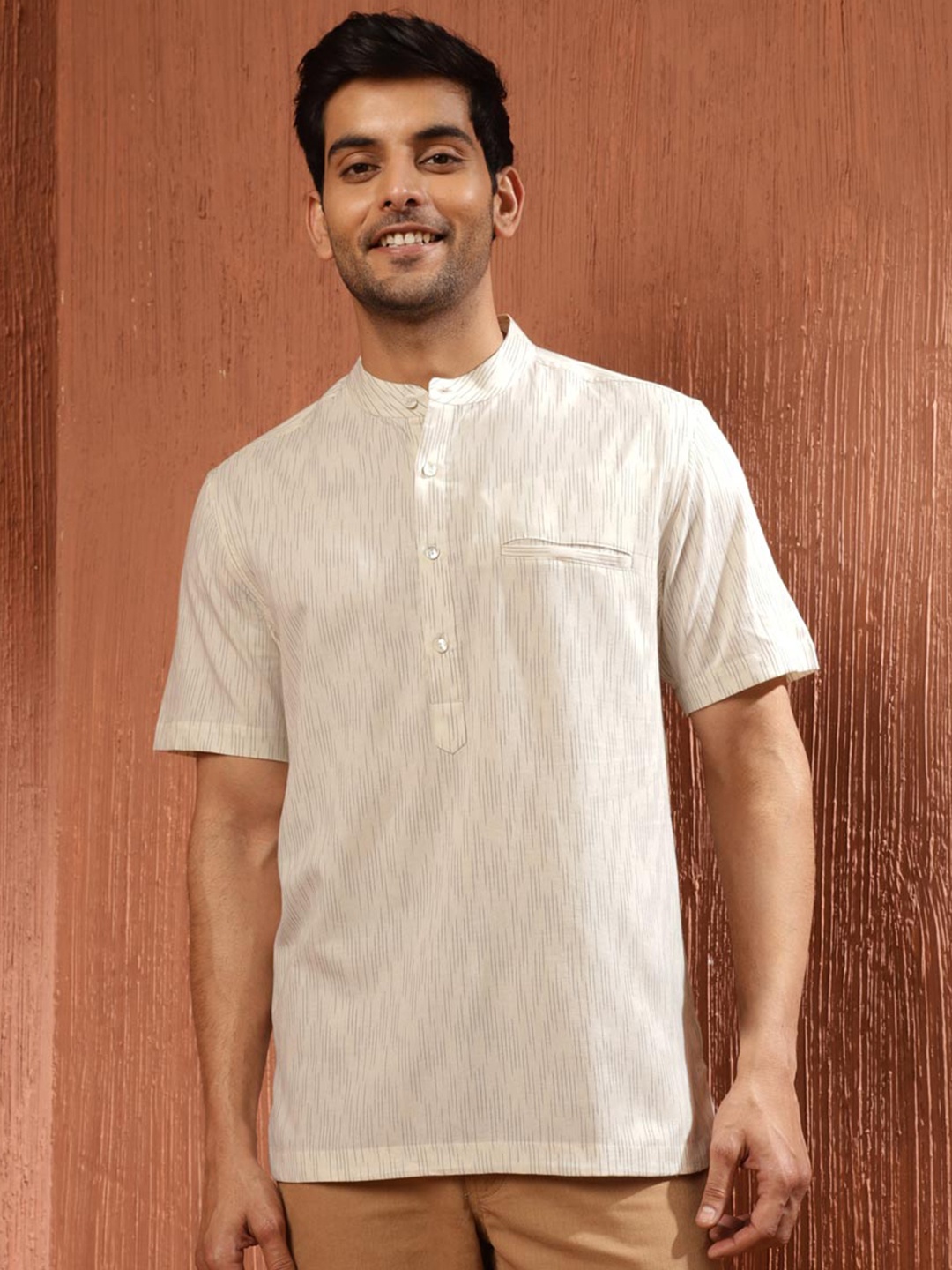 

Fabindia Striped Band Collar Cotton Slim Fit Casual Shirt, Beige