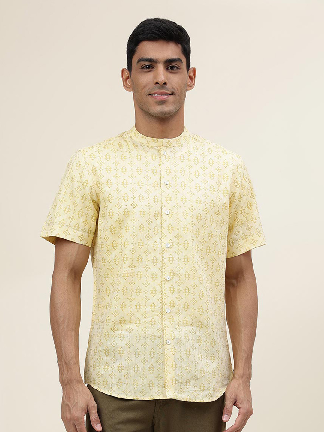 

Fabindia Slim Fit Floral Block Printed Mandarin Collar Linen Casual Shirt, Yellow