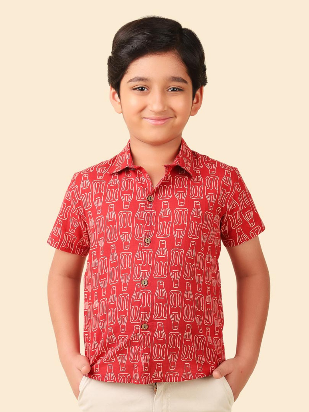 

Fabindia Boys Conversational Printed Cotton Casual Shirt, Red