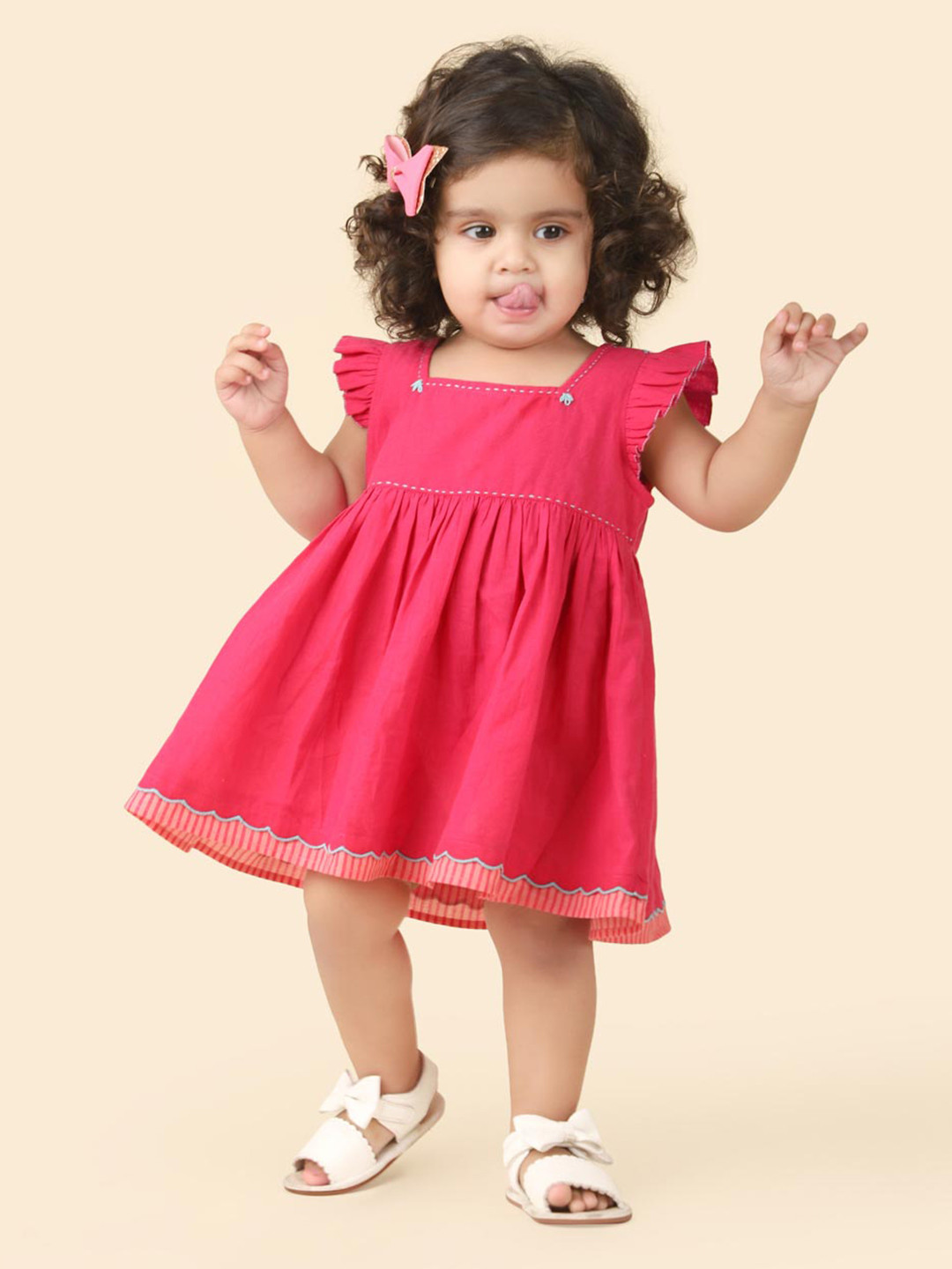 

Fabindia Square Neck Cotton Fit and Flare Dress, Pink
