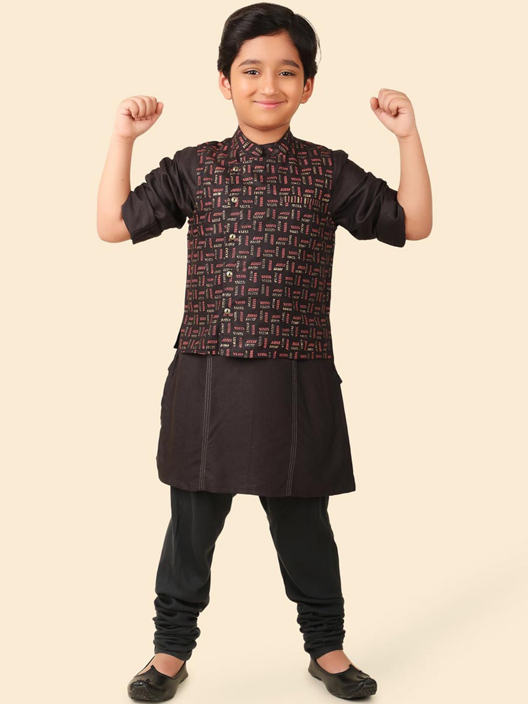 

Fabindia Boys Printed Mandarin Collar Long Sleeves Kurta with Churidar & Nehru jacket, Black