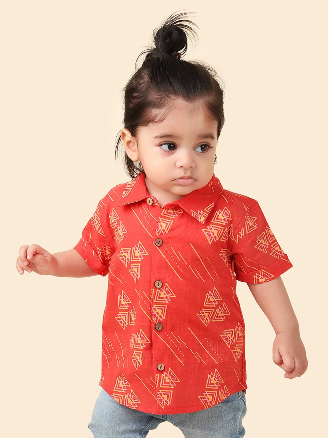 

Fabindia Boys Geometric Printed Spread Collar Cotton Casual Shirt, Red