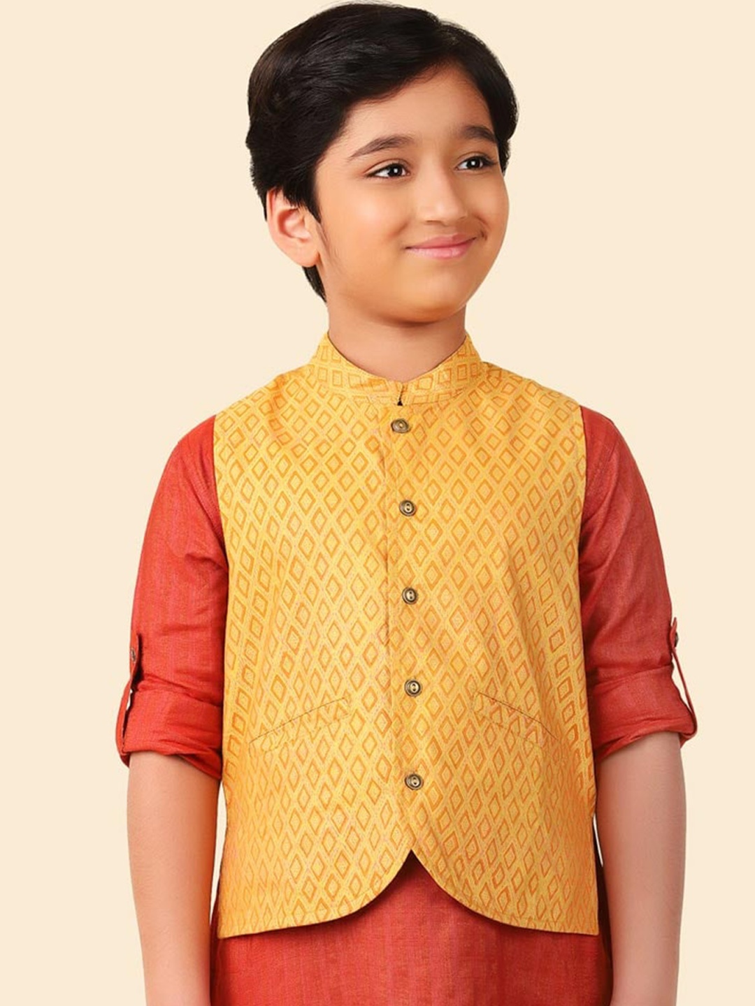 

Fabindia Boys Ethnic Motifs Printed Mandarin Collar Nehru Jacket, Mustard