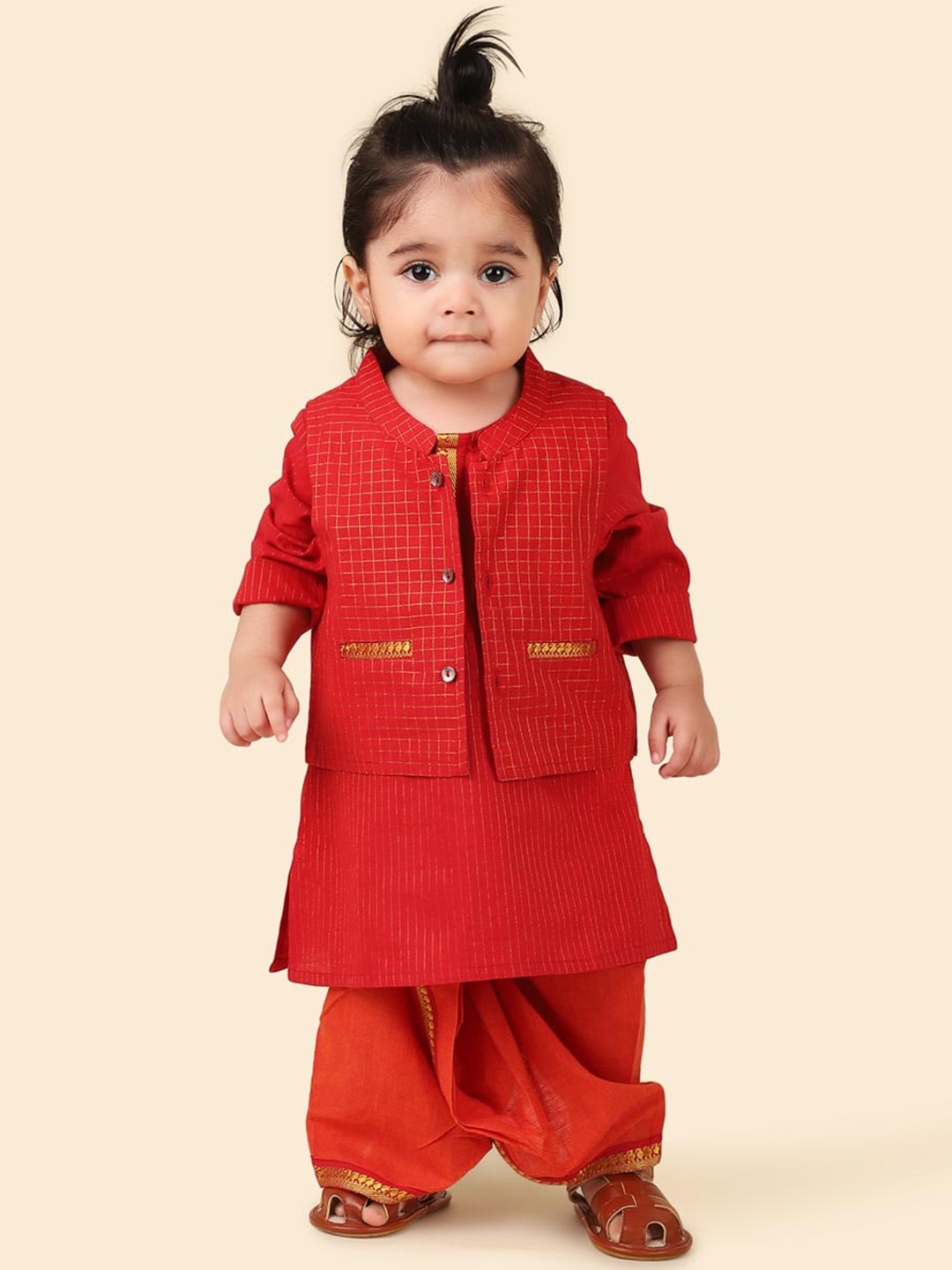 

Fabindia Boys Striped Mandarin Collar Pure Cotton Kurta With Dhoti Pants & Nehru jacket, Red