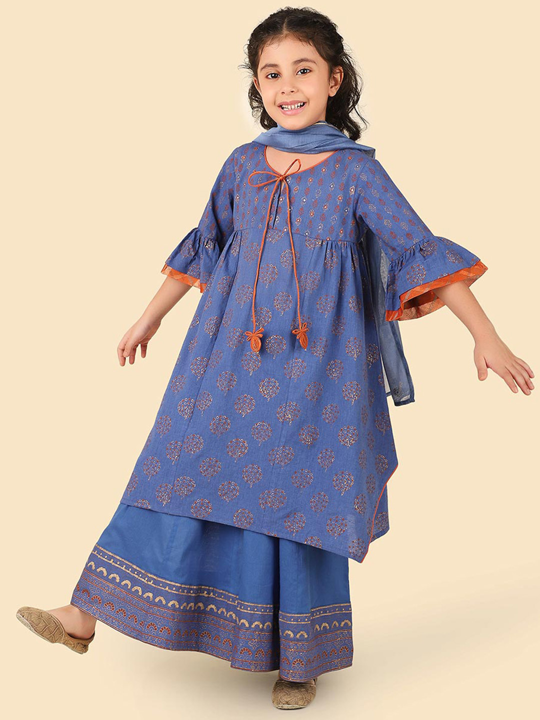 

Fabindia Girls Ethnic Motifs Printed Pure Cotton Kurta with Palazzos & Dupatta, Blue