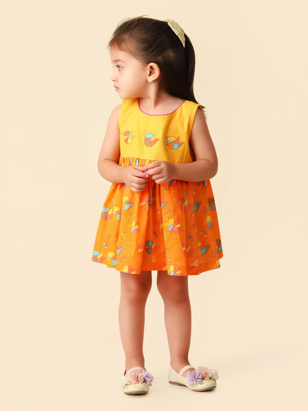 

Fabindia Girls Printed Cotton A-Line Dress, Orange