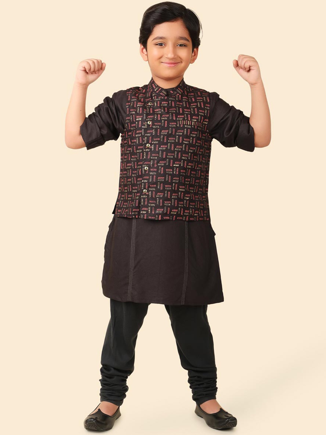 

Fabindia Boys Mandarin Collar Long Sleeves Kurta with Trousers & Nehru jacket, Black