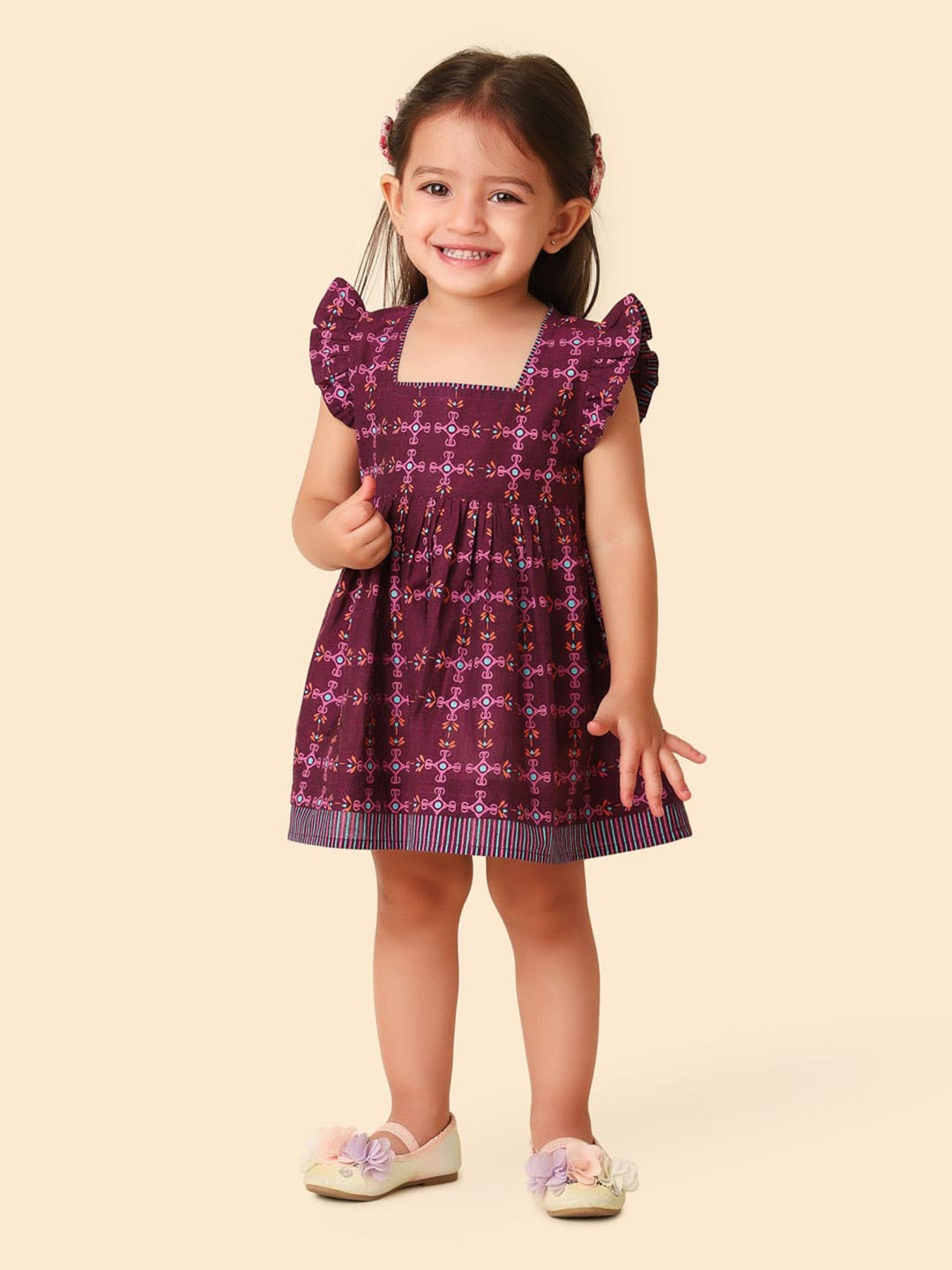 

Fabindia Square Neck Cotton Checked Fit & Flare Dress, Purple