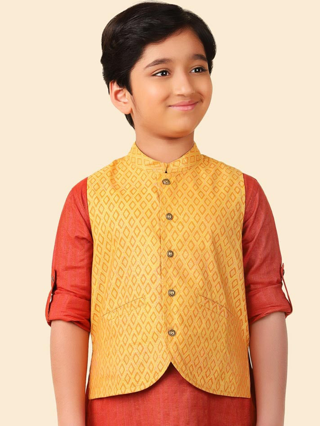 

Fabindia Boys Geometric Printed Mandarin Collar Sleeveless Nehru Jacket, Mustard