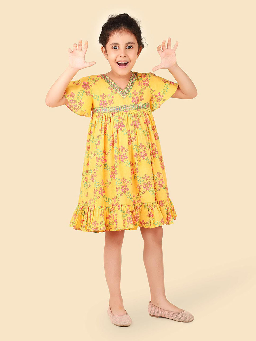 

Fabindia Floral Printed Cotton A-Line Dress, Yellow