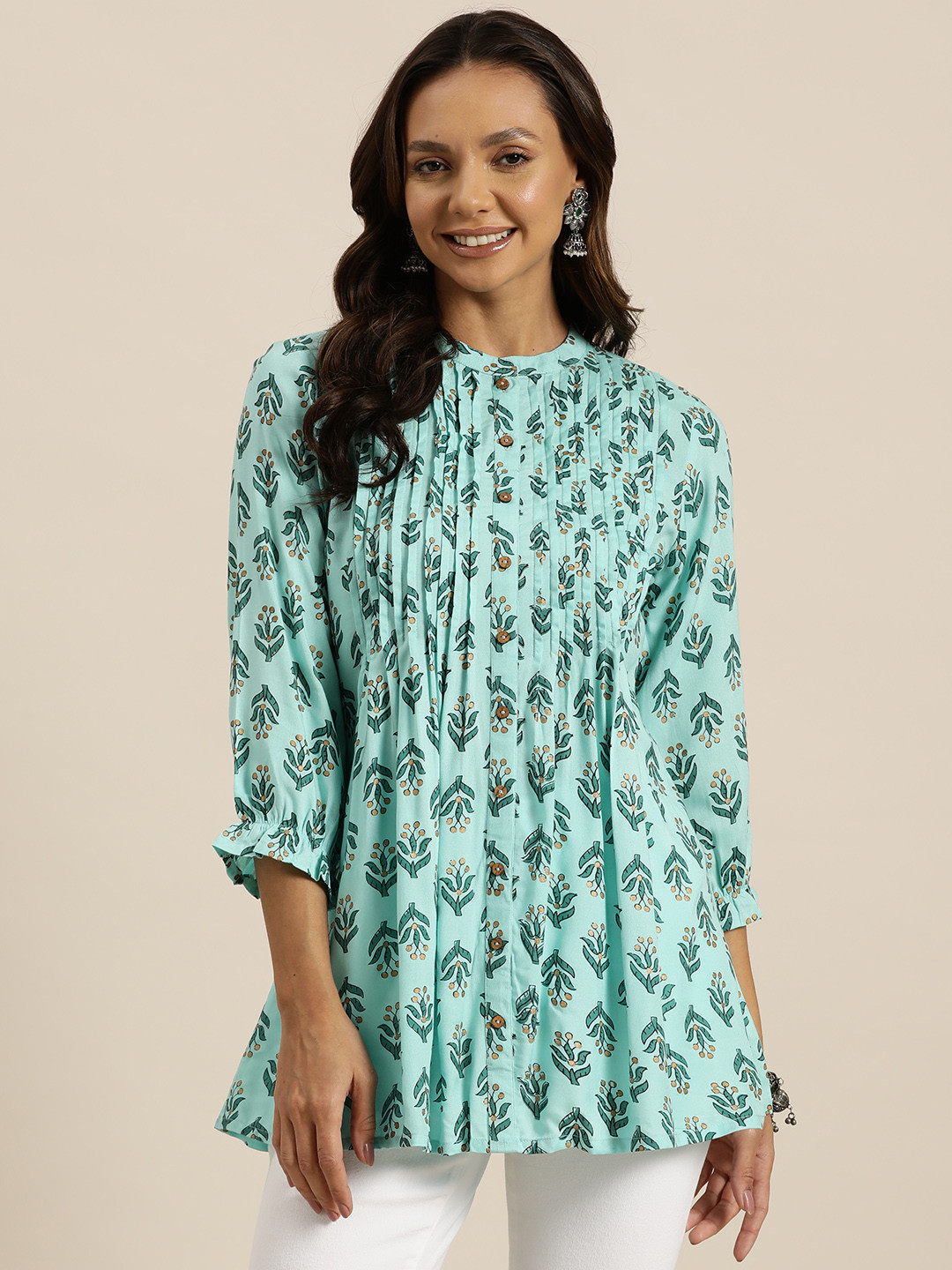 

HERE&NOW Floral Printed Pleated Kurti, Turquoise blue