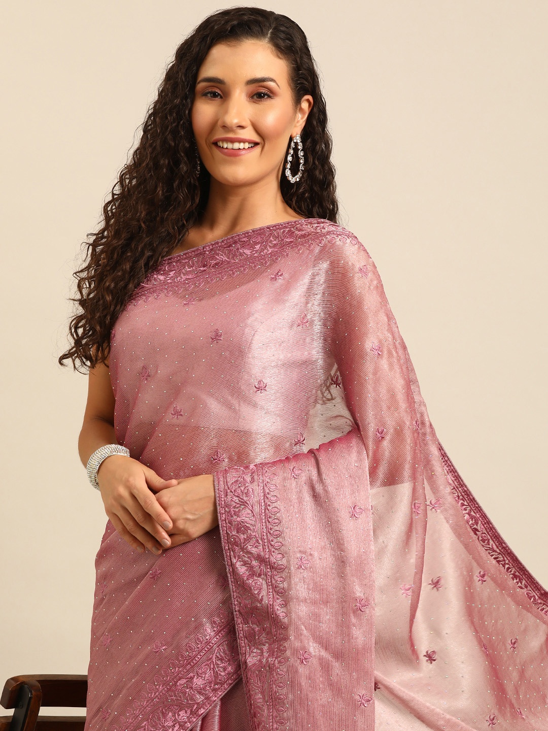 

MAHALASA Ethnic Motifs Embroidered Stones-Studded Pure Chiffon Banarasi Saree, Pink
