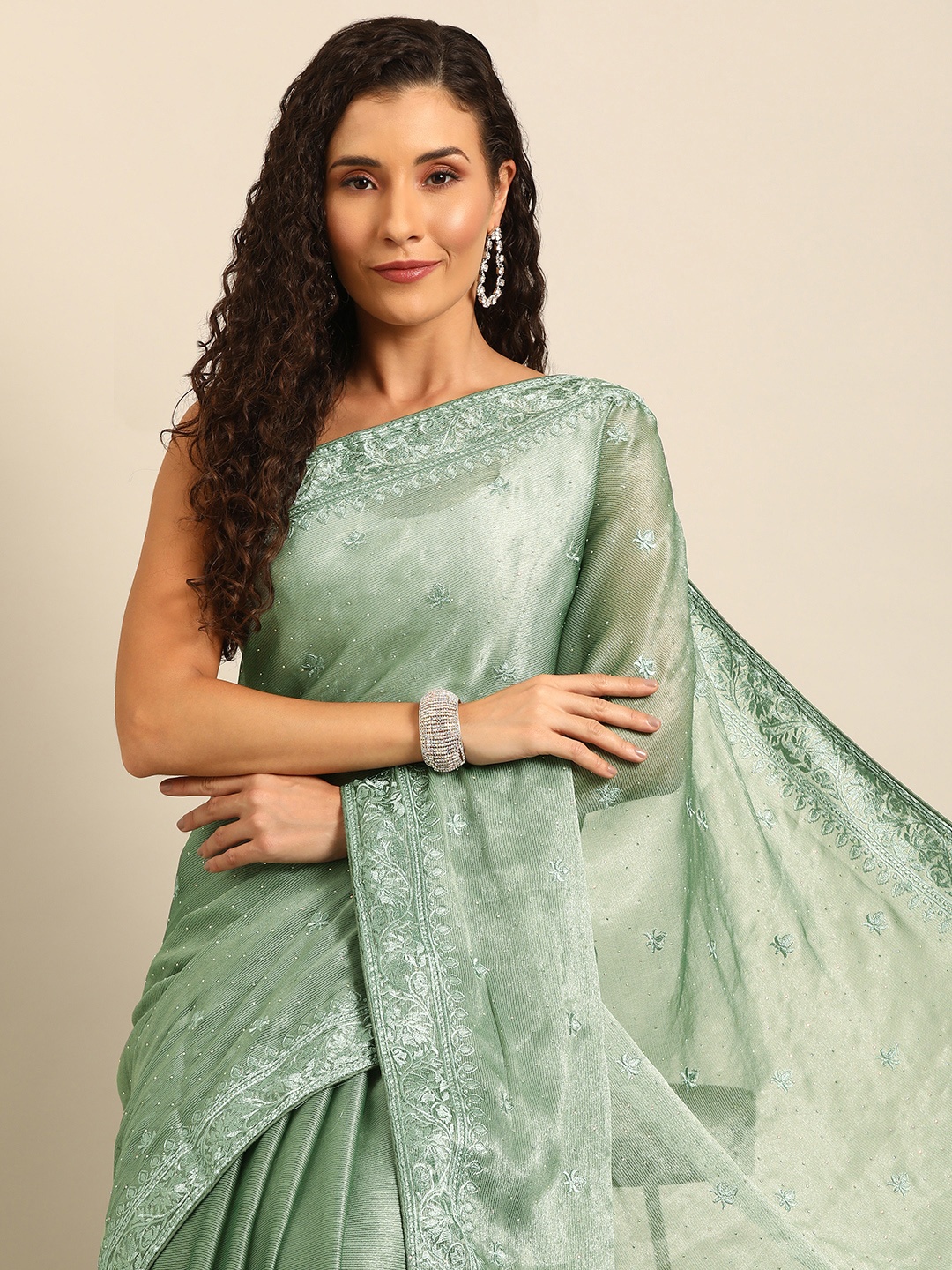 

MAHALASA Ethnic Motifs Embroidered Stones-Studded Pure Chiffon Banarasi Saree, Sea green