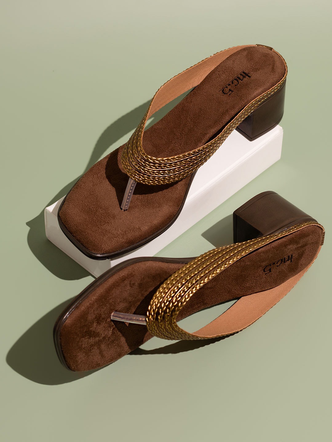 

Inc 5 Textured Open Toe Suede Block Heels, Gold
