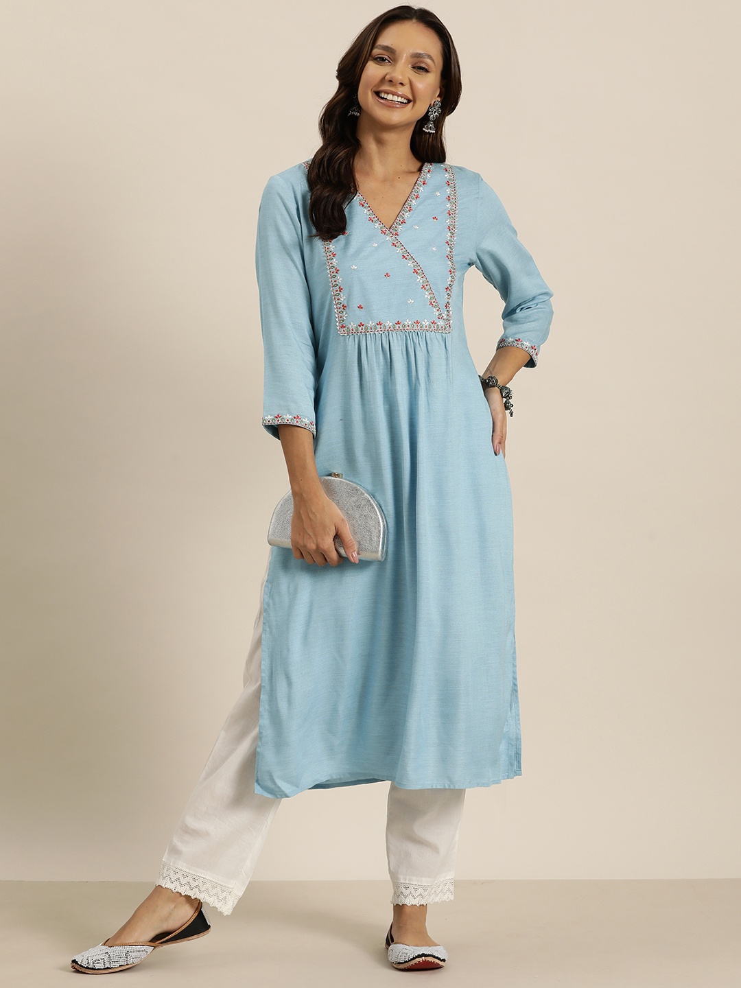 

HERE&NOW Floral Embroidered Mirror Work Kurta, Blue