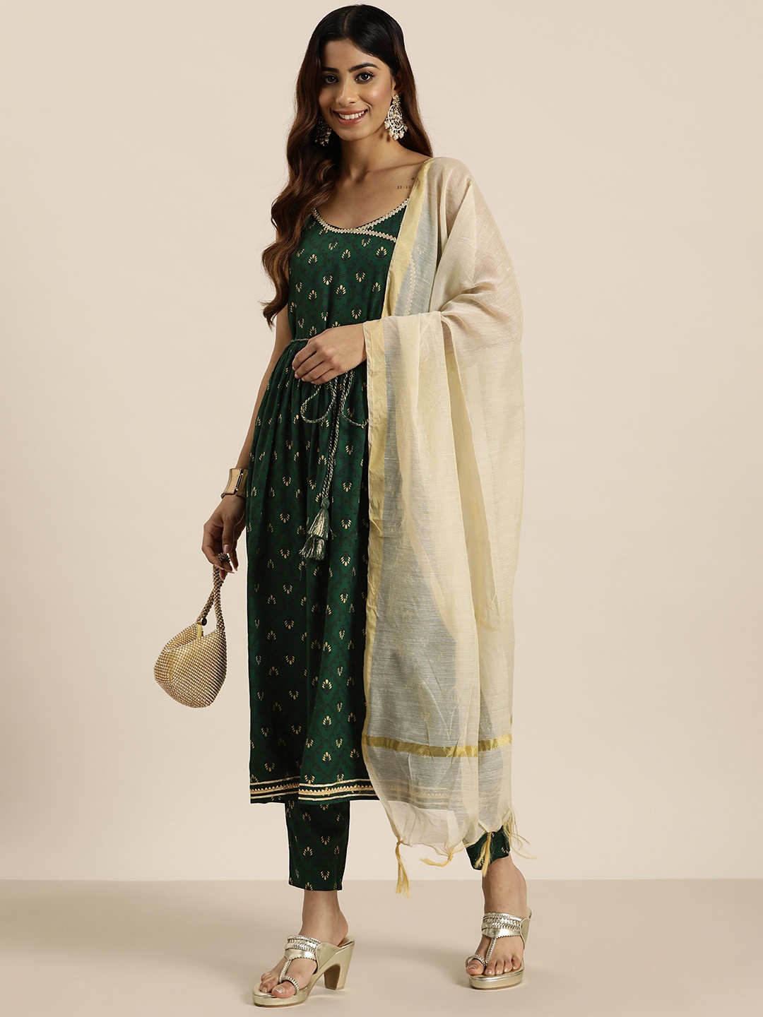 

HERE&NOW Floral Printed Zari Angrakha Kurta with Trousers & Dupatta, Green