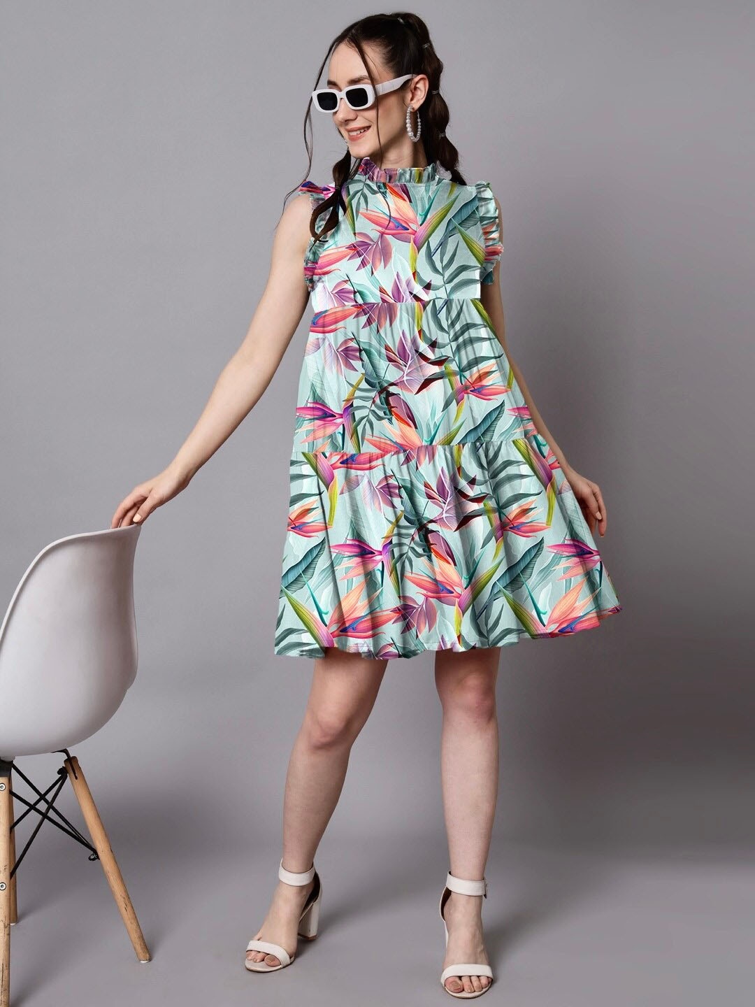 

The Dry State Tropical Printed High Neck Sleeveless Tiered Fit & Flare Dress, Turquoise blue