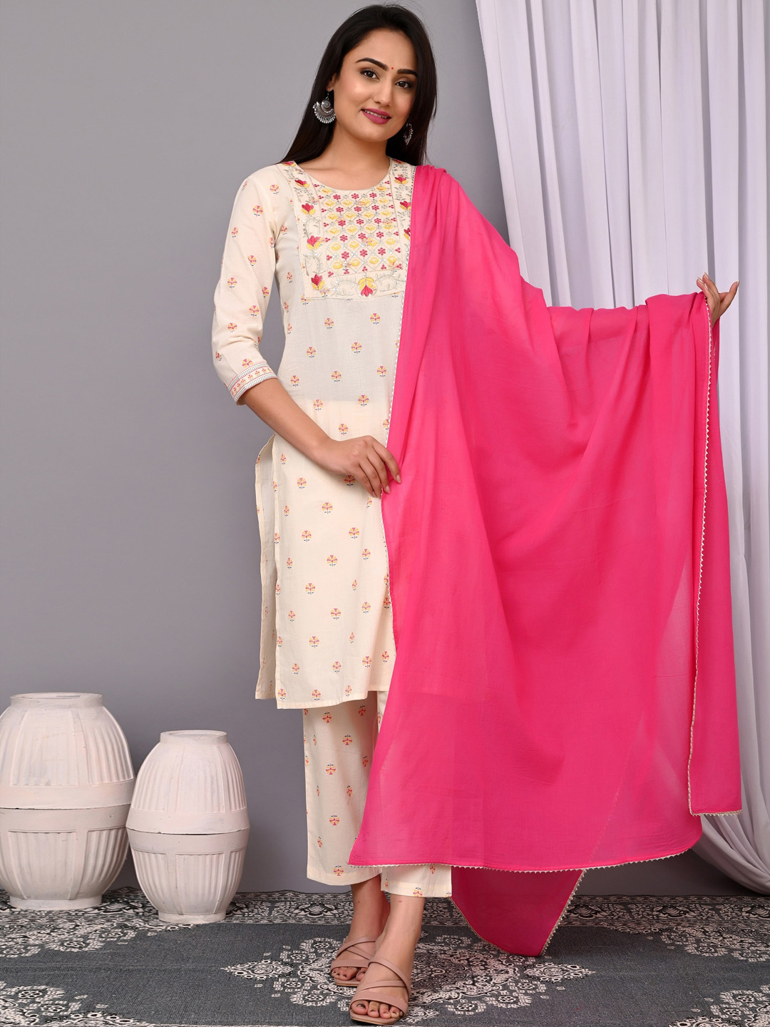 

NISHAB Floral Printed Thread Work Pure Cotton Kurta with Trousers & Dupatta, Off white