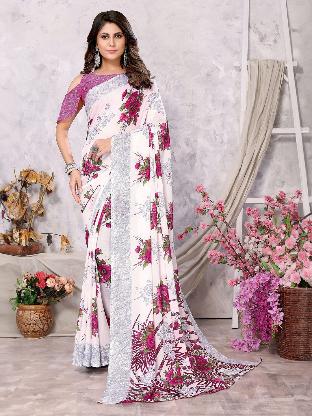 

KALINI Floral Printed Kanjeevaram Saree, Purple