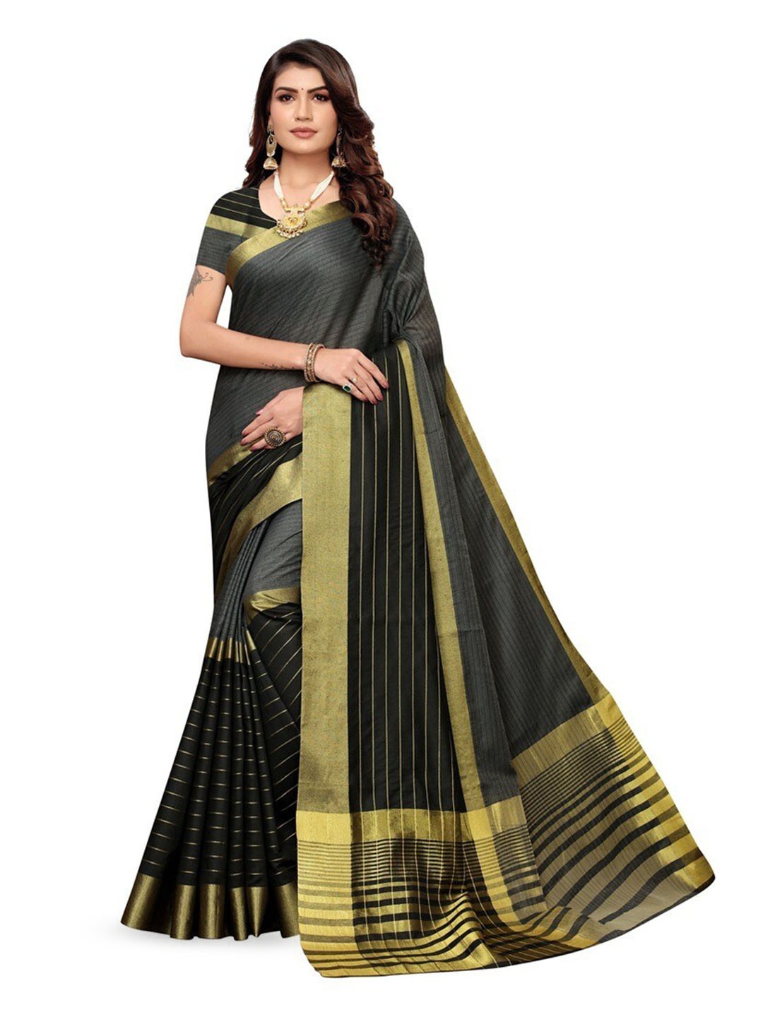 

KALINI Striped Zari Kanjeevaram Saree, Black