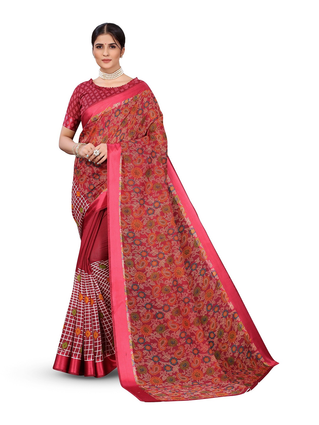 

KALINI Ethnic Motifs Silk Printed Cotton Kanjeevaram Saree, Maroon