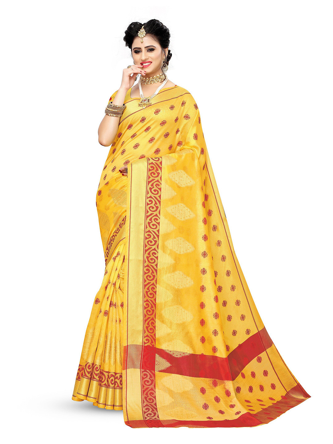 

KALINI Yellow Woven Design Zari Kanjeevaram Saree