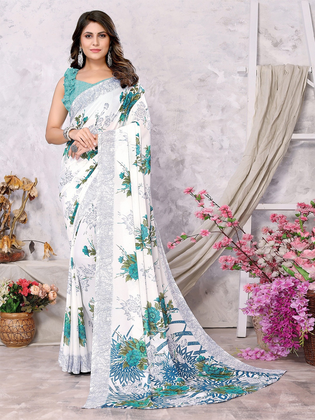 

KALINI Floral Printed Kanjeevaram Saree, Blue