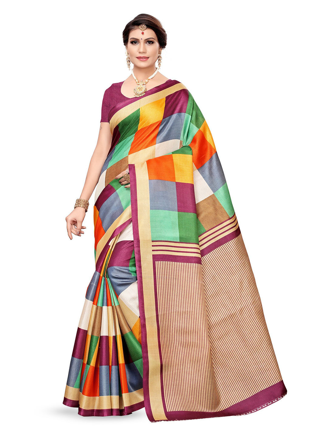 

KALINI Purple & Green Checked Kanjeevaram Saree