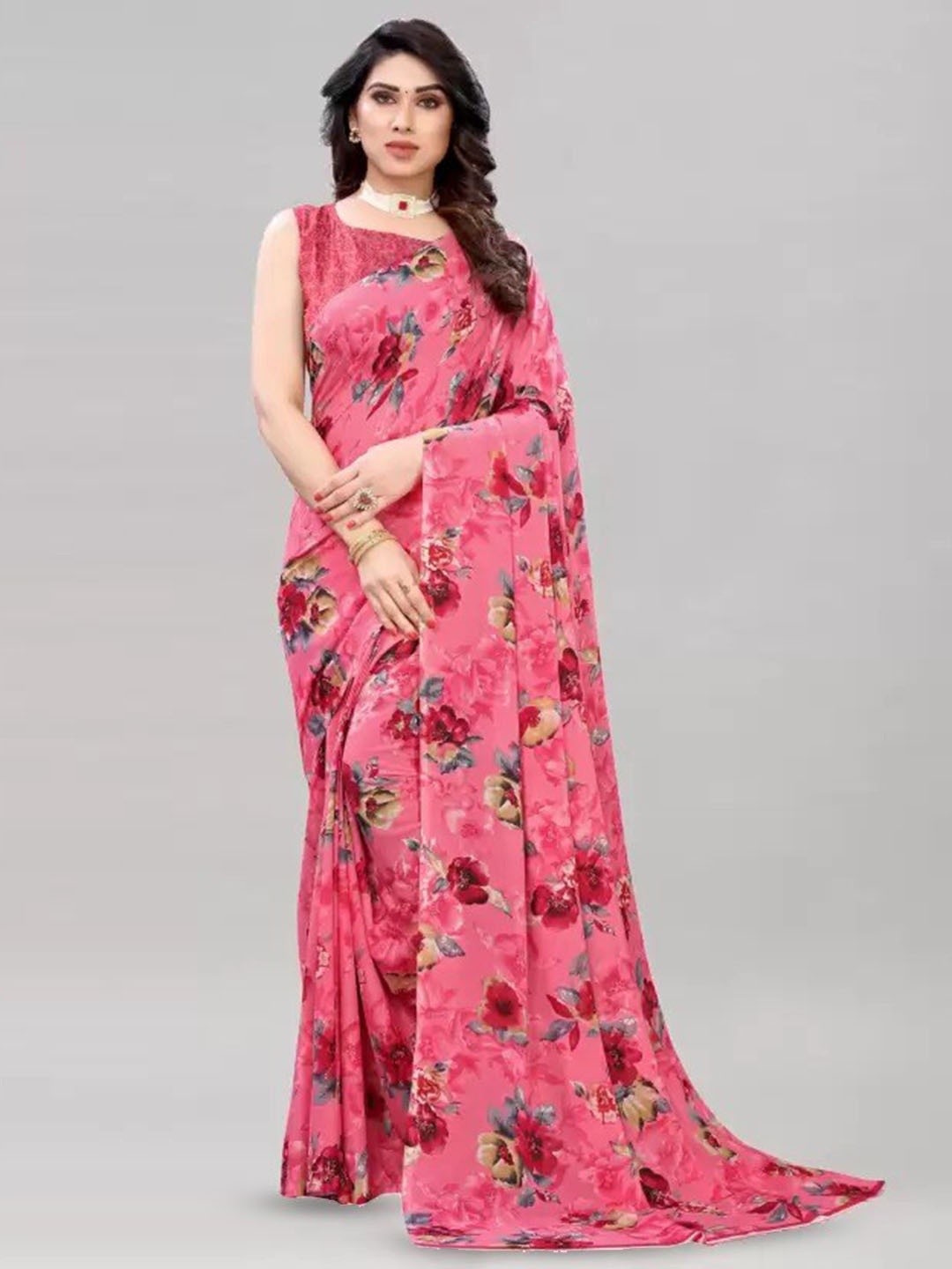 

KALINI Pink Floral Printed Kanjeevaram Saree