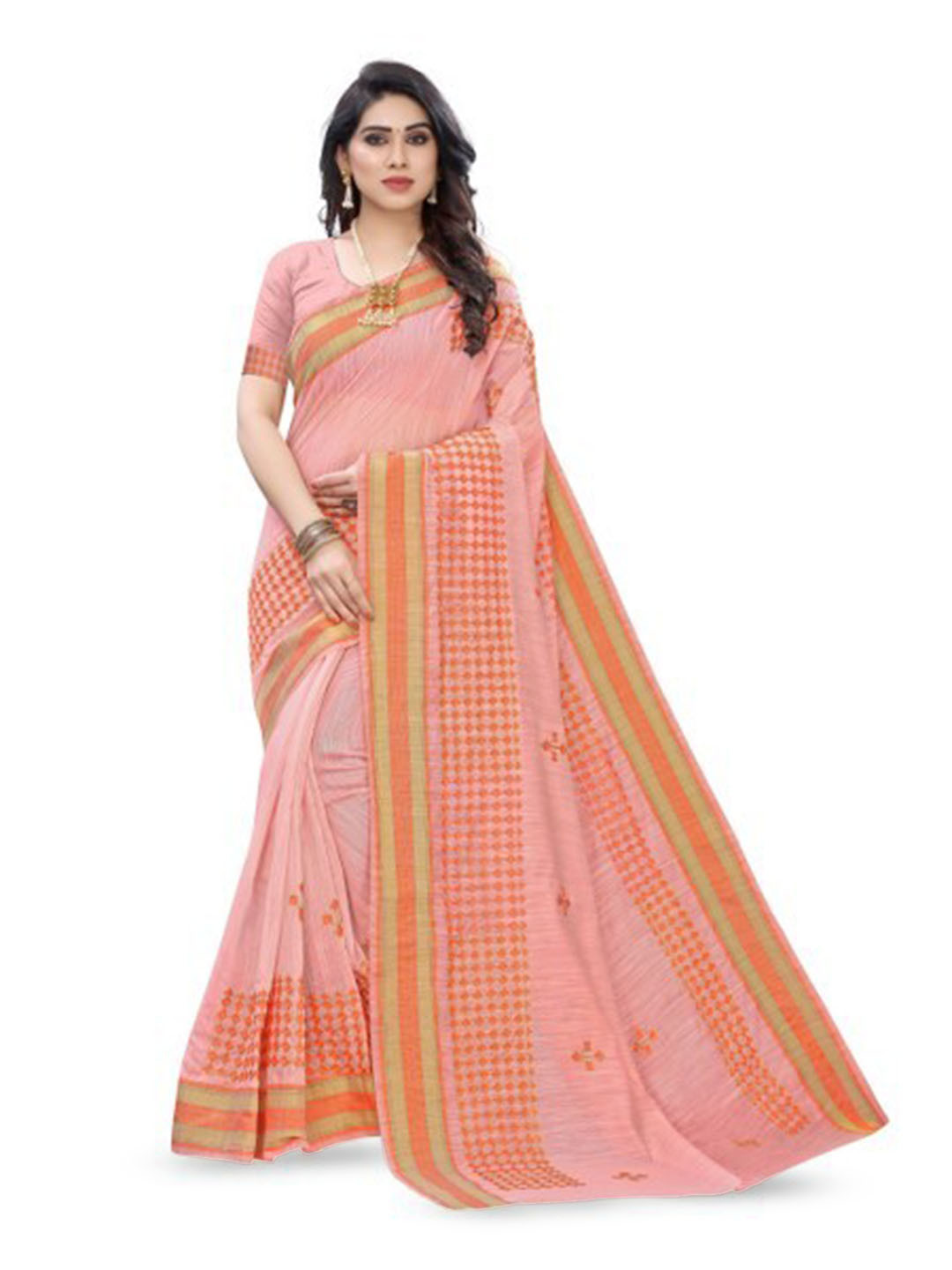 

KALINI Peach Floral Printed Kanjeevaram Saree