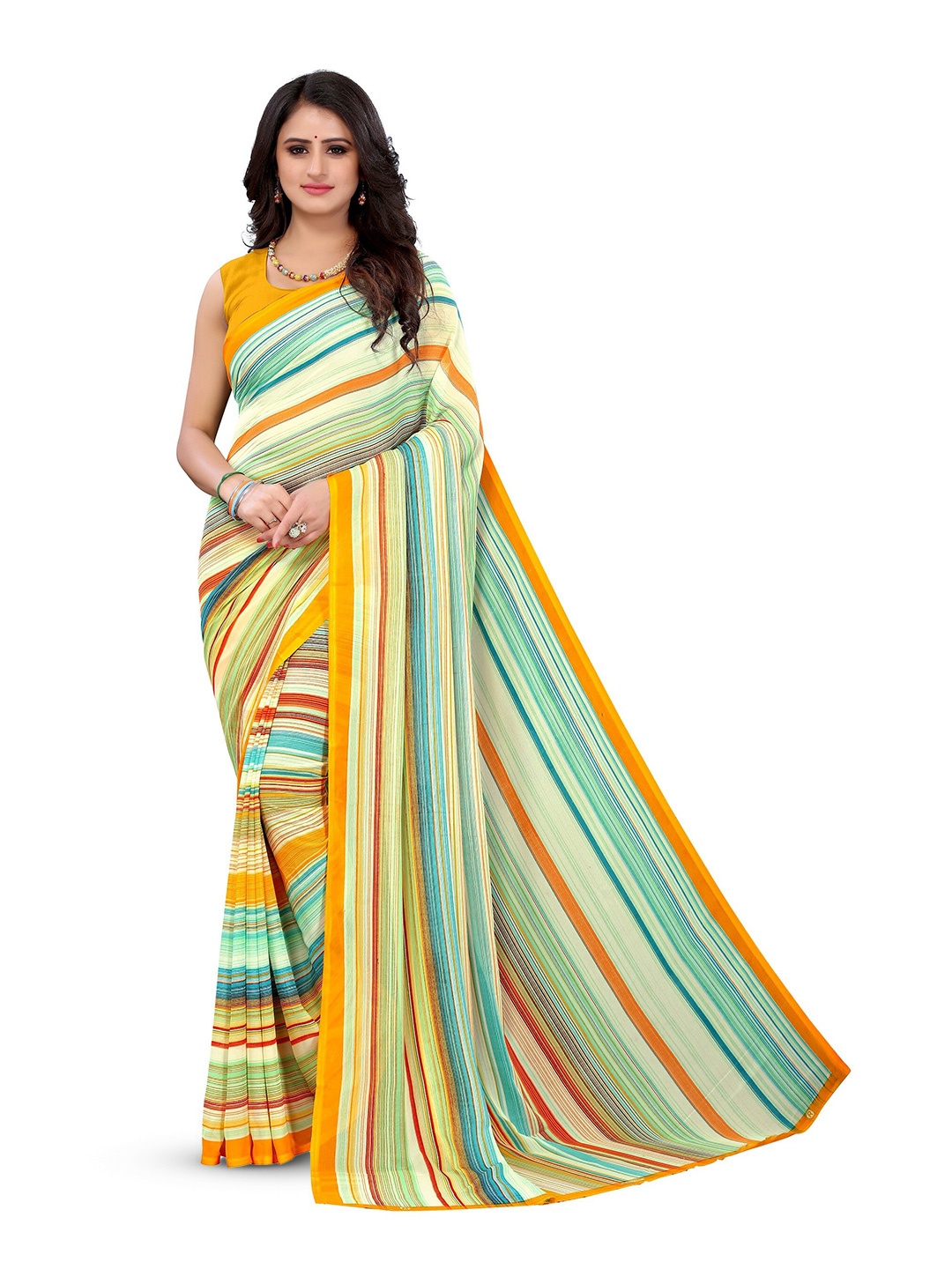 

KALINI Striped Kanjeevaram Saree, Yellow