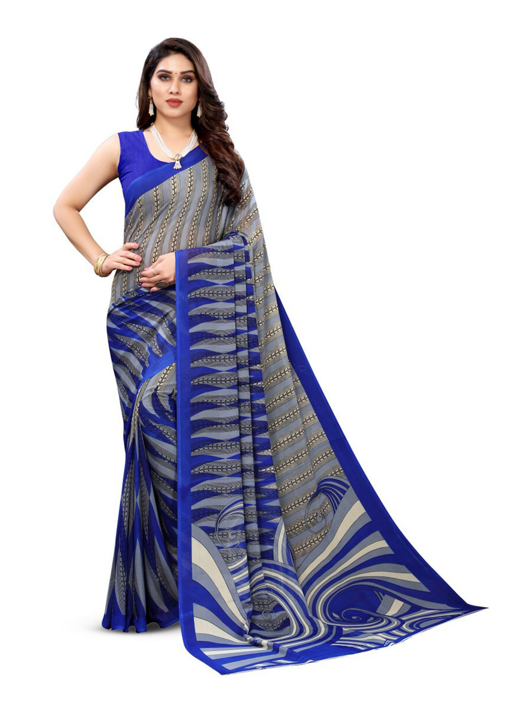 

KALINI Grey & Blue Ethnic Printed Kanjeevaram Saree