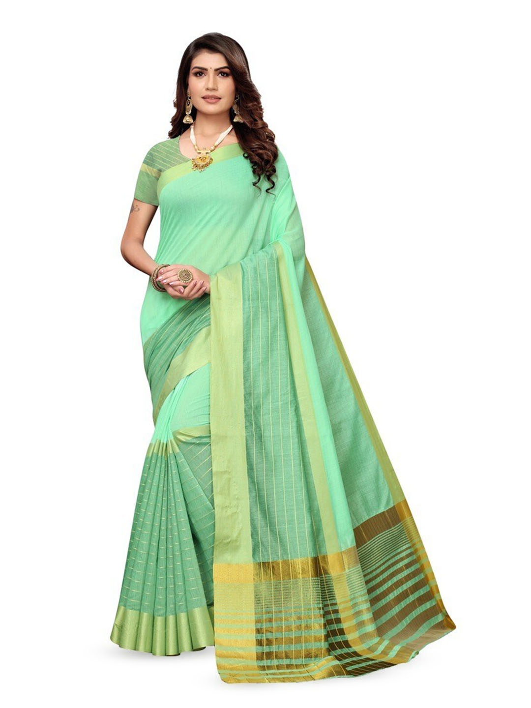 

KALINI Green Zari Striped Kanjeevaram Saree