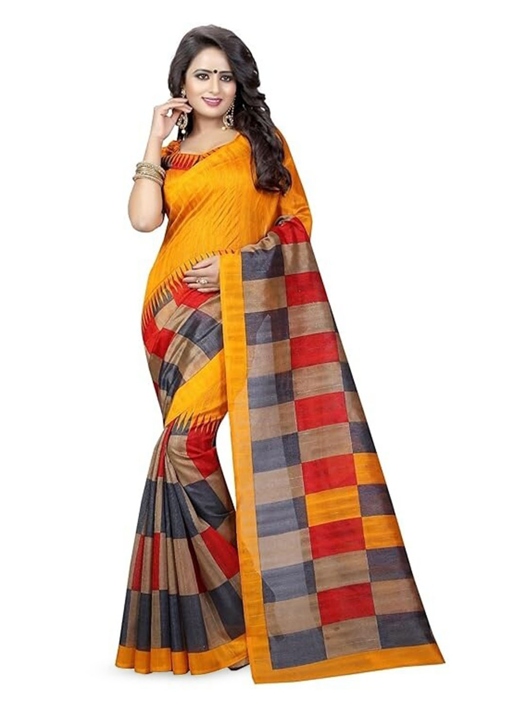

KALINI Checked Kanjeevaram Saree, Orange