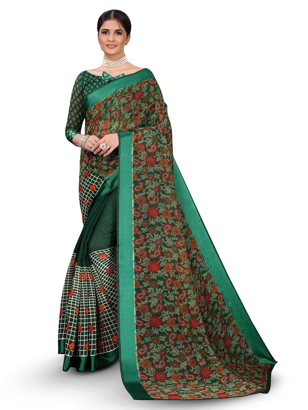 

KALINI Floral Printed Silk Cotton Kanjeevaram Saree, Green