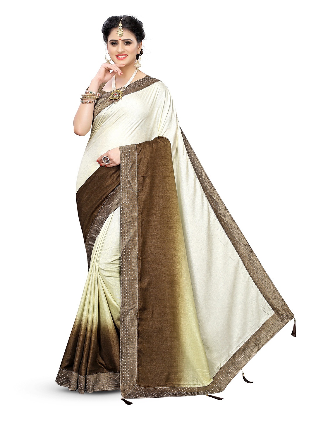 

KALINI Colourblocked Beads and Stones Saree, Brown