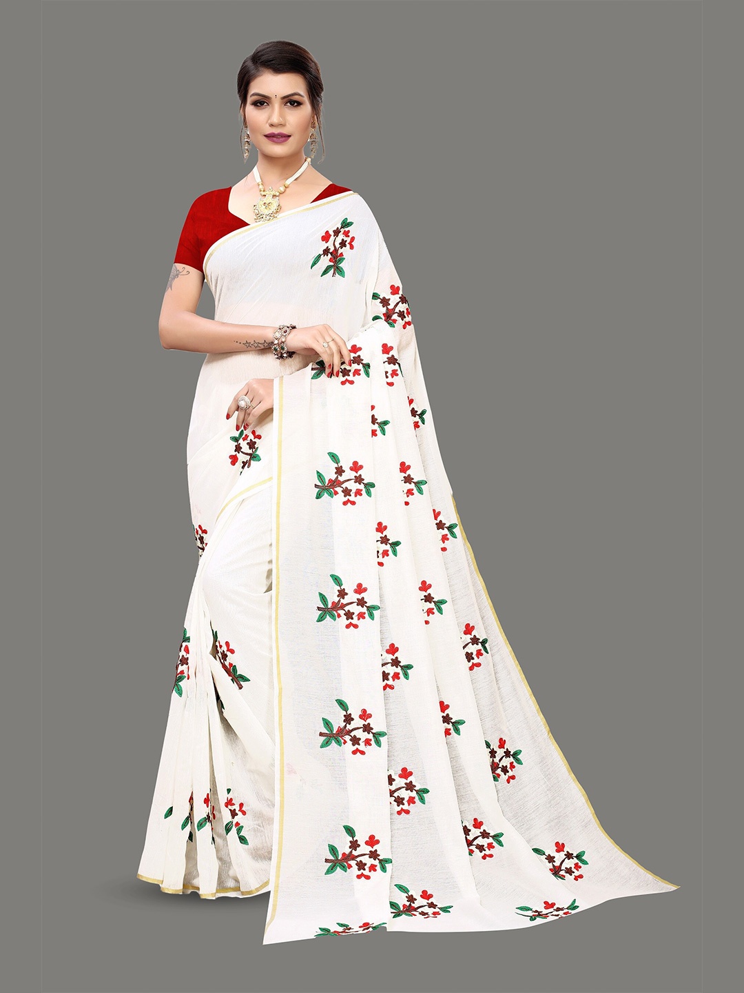 

KALINI Ethnic Motifs Kanjeevaram Saree, White