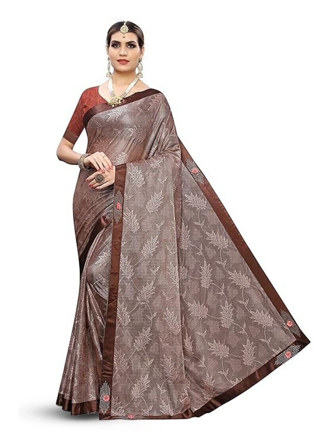 

KALINI Floral Printed Silk Cotton Saree, Brown